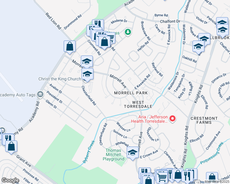 map of restaurants, bars, coffee shops, grocery stores, and more near 3350 Kayford Circle in Philadelphia