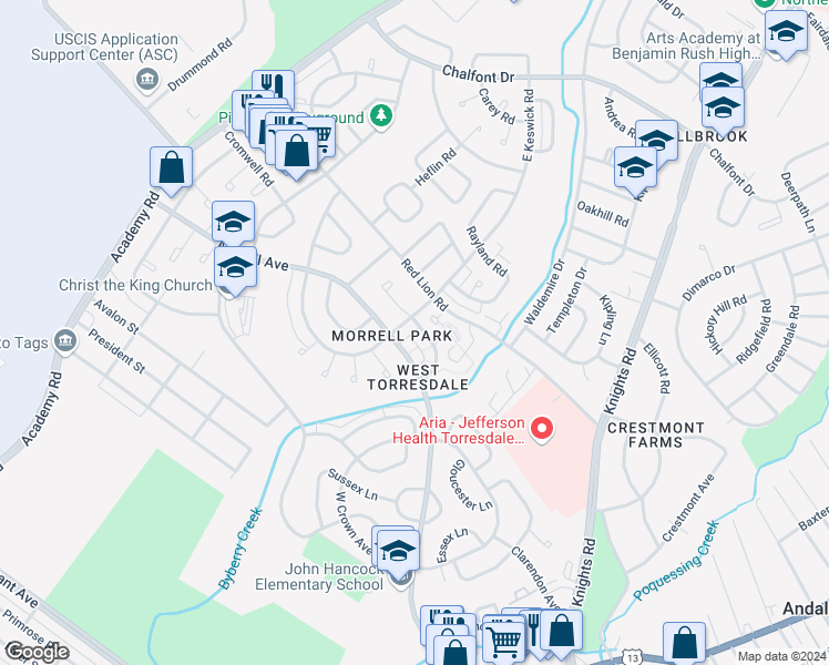 map of restaurants, bars, coffee shops, grocery stores, and more near 3400 Ashfield Lane in Philadelphia