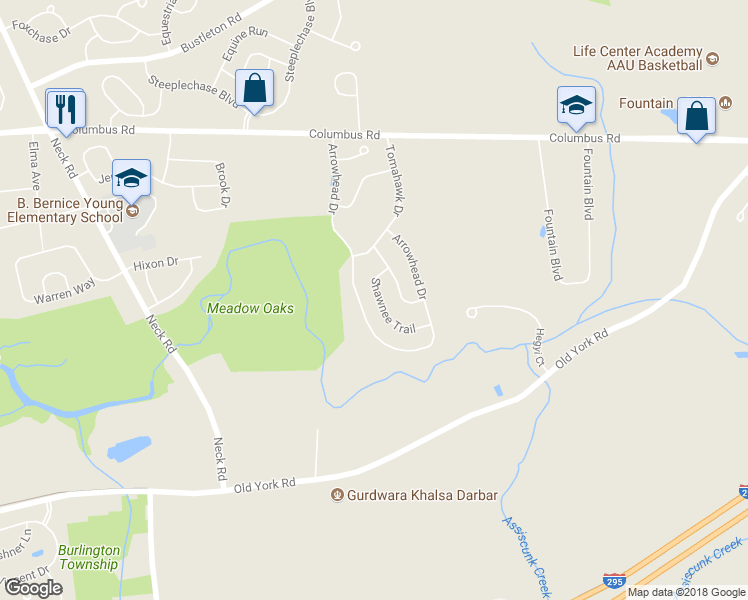 map of restaurants, bars, coffee shops, grocery stores, and more near 18 Shawnee Trail in Burlington