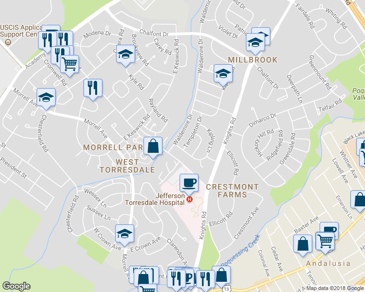 map of restaurants, bars, coffee shops, grocery stores, and more near 10902 Templeton Drive in Philadelphia