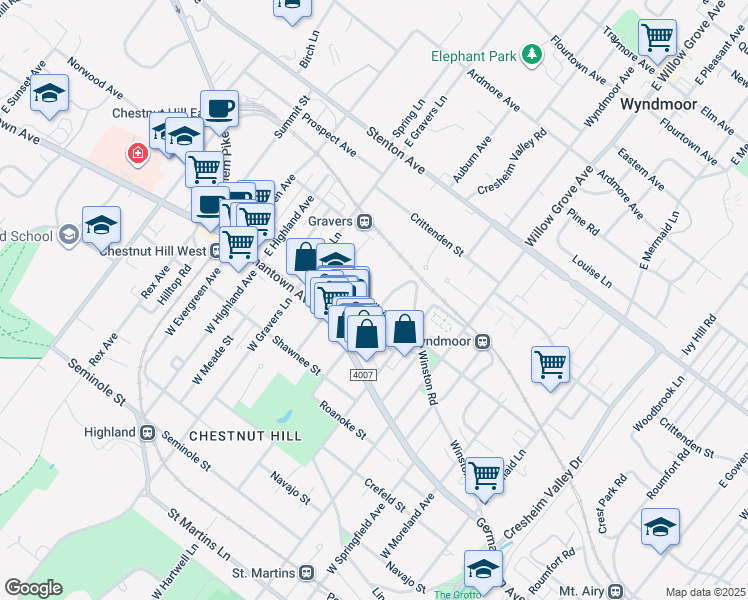 map of restaurants, bars, coffee shops, grocery stores, and more near 8209 Ardleigh Street in Philadelphia