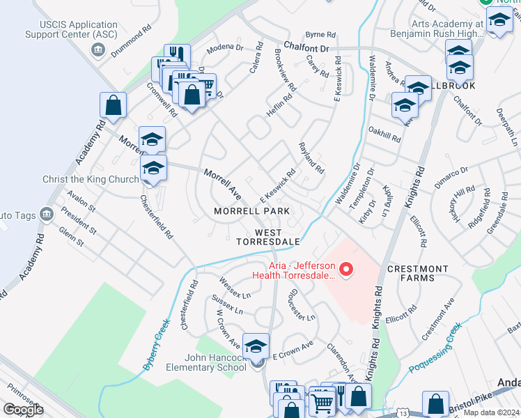 map of restaurants, bars, coffee shops, grocery stores, and more near 10226 East Keswick Road in Philadelphia
