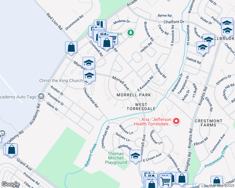 map of restaurants, bars, coffee shops, grocery stores, and more near 3350 Kayford Circle in Philadelphia