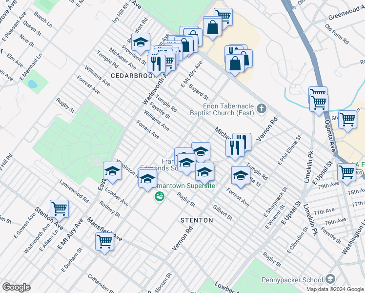 map of restaurants, bars, coffee shops, grocery stores, and more near 8212 Williams Avenue in Philadelphia