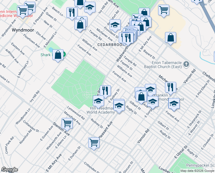 map of restaurants, bars, coffee shops, grocery stores, and more near 8341 Gilbert Street in Philadelphia