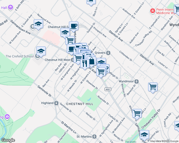 map of restaurants, bars, coffee shops, grocery stores, and more near 8429 Germantown Avenue in Philadelphia