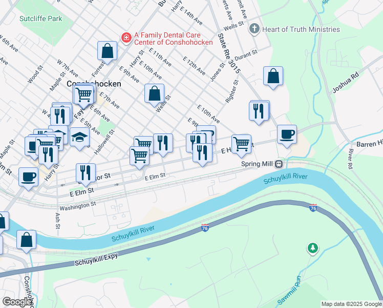 map of restaurants, bars, coffee shops, grocery stores, and more near 712 Spring Mill Avenue in Conshohocken