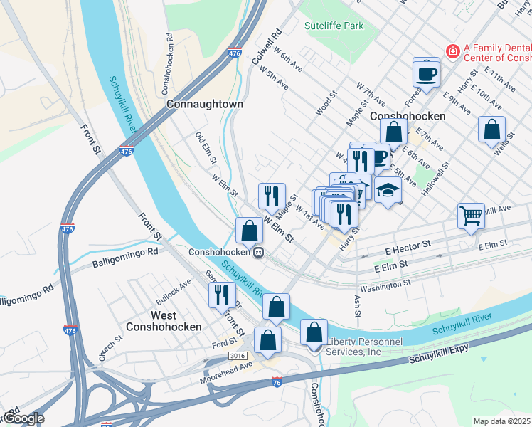 map of restaurants, bars, coffee shops, grocery stores, and more near 357 Wood Street in Conshohocken