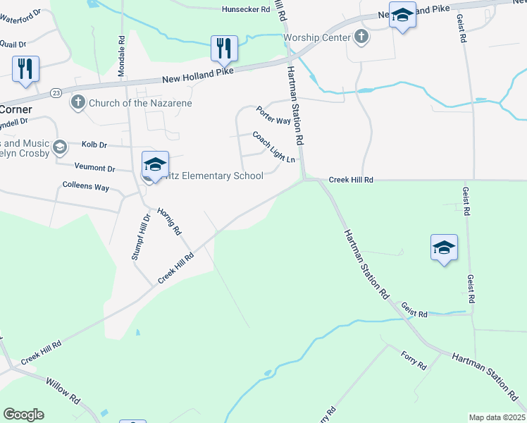 map of restaurants, bars, coffee shops, grocery stores, and more near 2251 Creek Hill Road in Lancaster