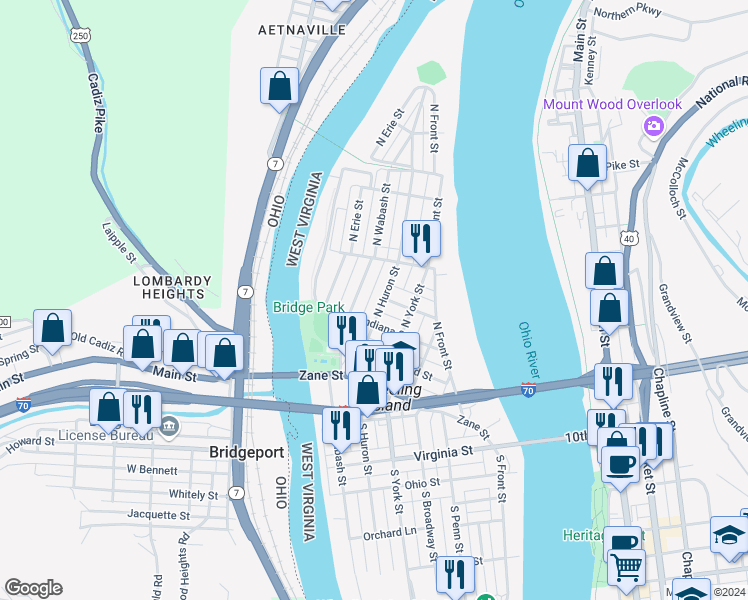 map of restaurants, bars, coffee shops, grocery stores, and more near 314 North Wabash Street in Wheeling