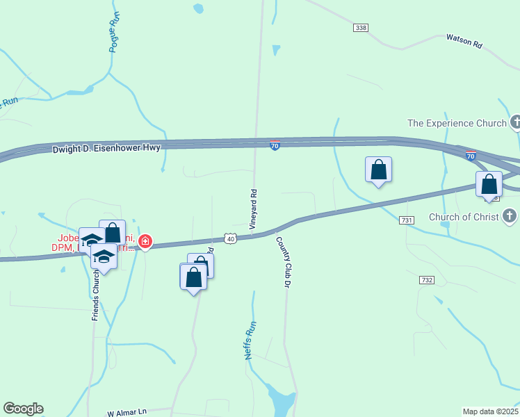 map of restaurants, bars, coffee shops, grocery stores, and more near 68121 Vineyard Road in Saint Clairsville