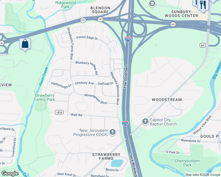 map of restaurants, bars, coffee shops, grocery stores, and more near 4161 Daffodil Drive in Columbus
