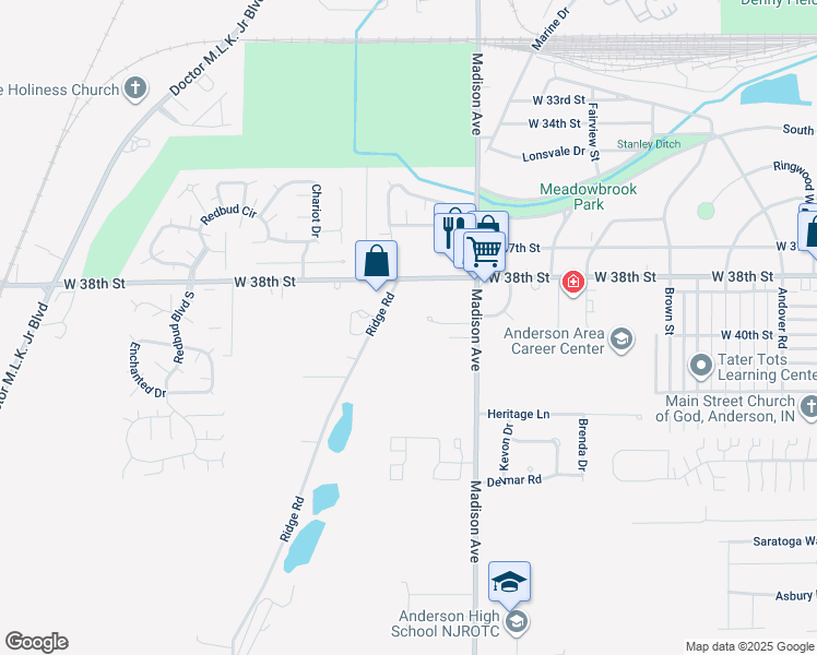 map of restaurants, bars, coffee shops, grocery stores, and more near 3814 Ridge Road in Anderson