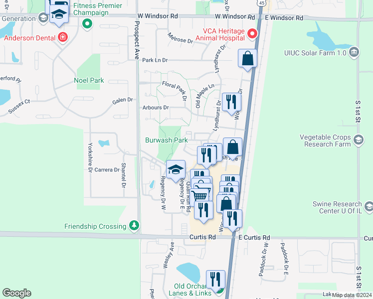 map of restaurants, bars, coffee shops, grocery stores, and more near 8 Evergreen Circle in Savoy