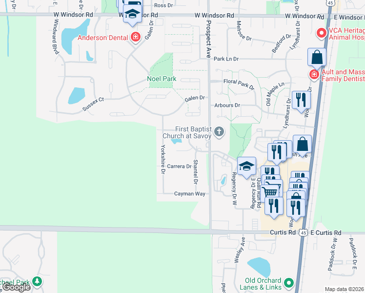 map of restaurants, bars, coffee shops, grocery stores, and more near 613 Pittsfield Drive in Champaign