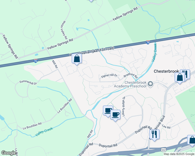 map of restaurants, bars, coffee shops, grocery stores, and more near 33 Militia Hill Drive in Chesterbrook