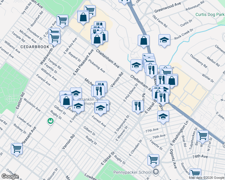 map of restaurants, bars, coffee shops, grocery stores, and more near 1528 Vernon Road in Philadelphia
