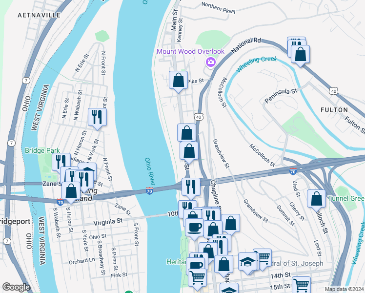 map of restaurants, bars, coffee shops, grocery stores, and more near 719 Main Street in Wheeling