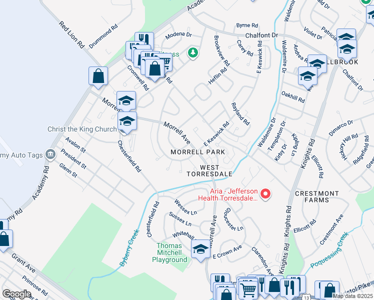 map of restaurants, bars, coffee shops, grocery stores, and more near 3378 Kayford Circle in Philadelphia