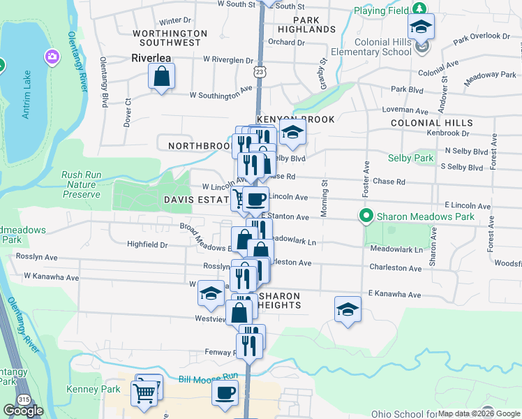 map of restaurants, bars, coffee shops, grocery stores, and more near 5545 North High Street in Columbus