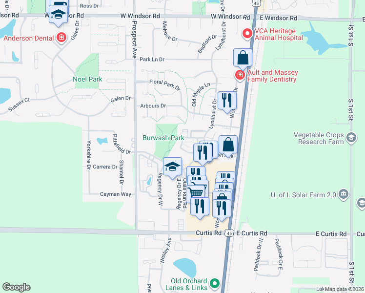 map of restaurants, bars, coffee shops, grocery stores, and more near 8 Evergreen Circle in Savoy