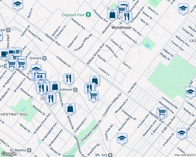 map of restaurants, bars, coffee shops, grocery stores, and more near 7740 Stenton Avenue in Philadelphia