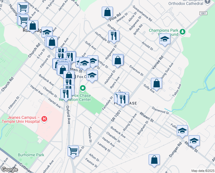 map of restaurants, bars, coffee shops, grocery stores, and more near 713 Rhawn Street in Philadelphia