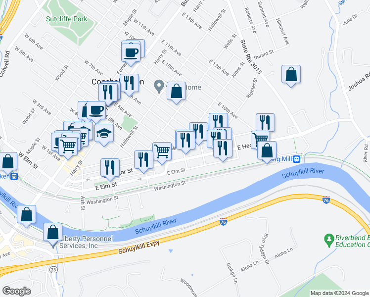 map of restaurants, bars, coffee shops, grocery stores, and more near 603 Spring Mill Avenue in Conshohocken