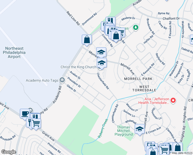 map of restaurants, bars, coffee shops, grocery stores, and more near 3302 Chesterfield Road in Philadelphia