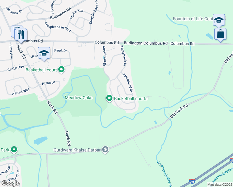 map of restaurants, bars, coffee shops, grocery stores, and more near 18 Shawnee Trail in Burlington