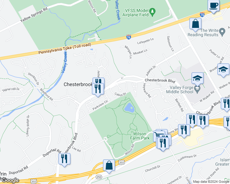 map of restaurants, bars, coffee shops, grocery stores, and more near 36 Cabot Drive in Chesterbrook