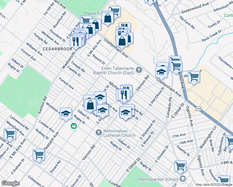map of restaurants, bars, coffee shops, grocery stores, and more near 8064 Michener Avenue in Philadelphia