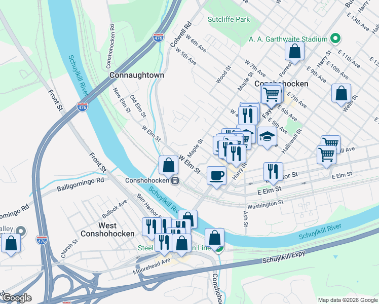 map of restaurants, bars, coffee shops, grocery stores, and more near 7 West 1st Avenue in Conshohocken