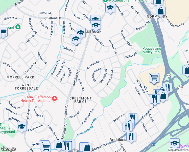 map of restaurants, bars, coffee shops, grocery stores, and more near 103 Hickory Hill Road in Philadelphia
