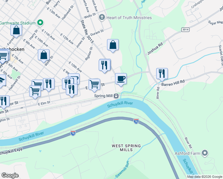 map of restaurants, bars, coffee shops, grocery stores, and more near 1101 East Hector Street in Conshohocken