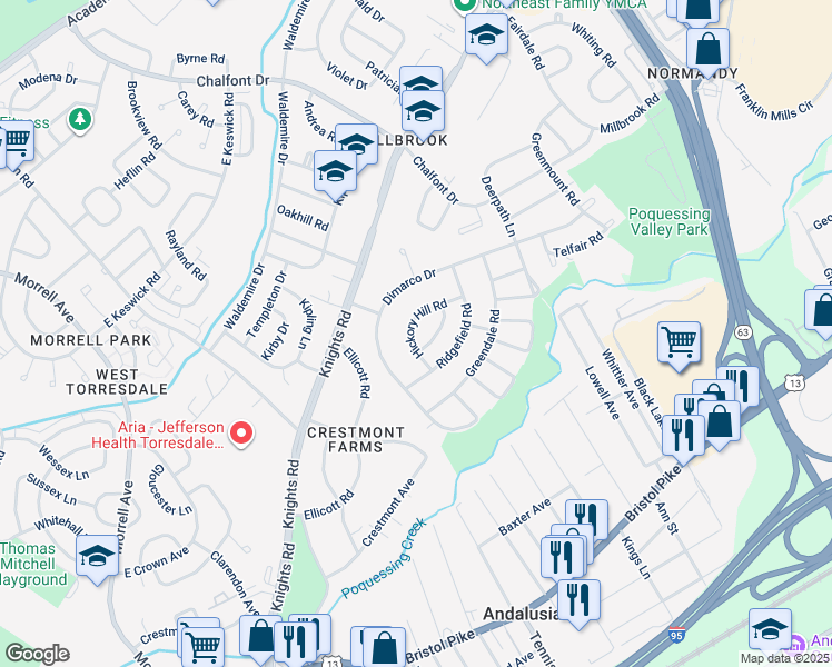 map of restaurants, bars, coffee shops, grocery stores, and more near 103 Hickory Hill Road in Philadelphia