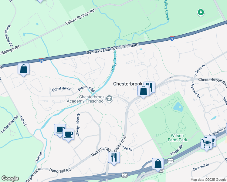 map of restaurants, bars, coffee shops, grocery stores, and more near 214 Carriage Court in Chesterbrook