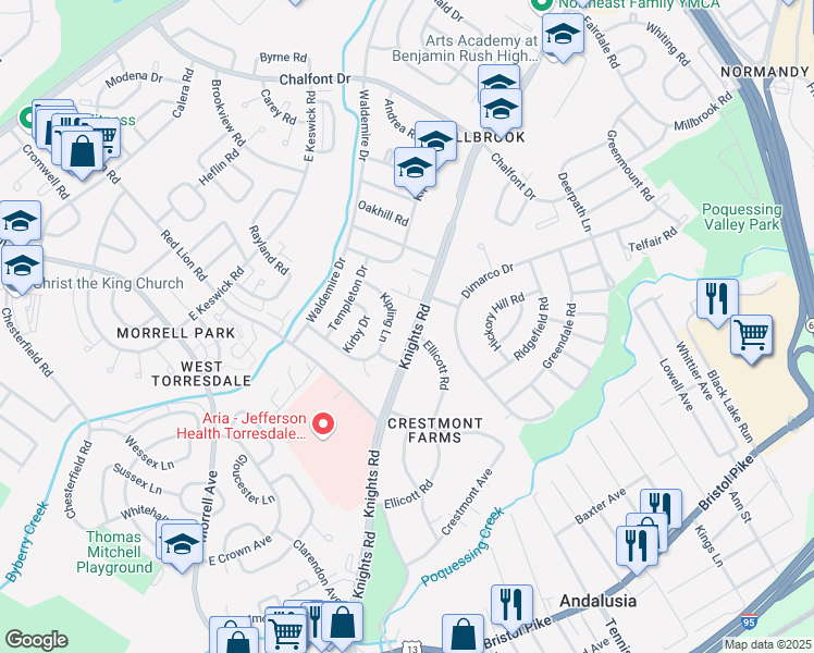 map of restaurants, bars, coffee shops, grocery stores, and more near 10920 Knights Road in Philadelphia