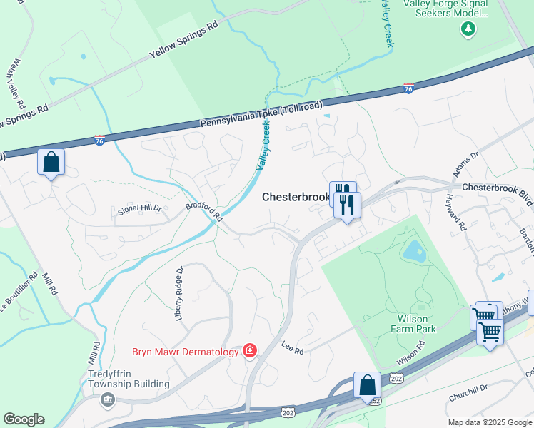 map of restaurants, bars, coffee shops, grocery stores, and more near 212 Carriage Court in Chesterbrook