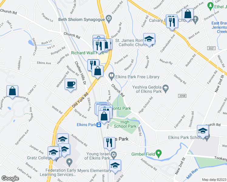 map of restaurants, bars, coffee shops, grocery stores, and more near 538 Church Road in Montgomery County