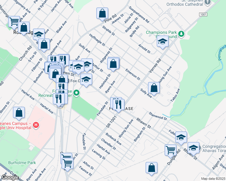 map of restaurants, bars, coffee shops, grocery stores, and more near 8040 Ferndale Street in Philadelphia
