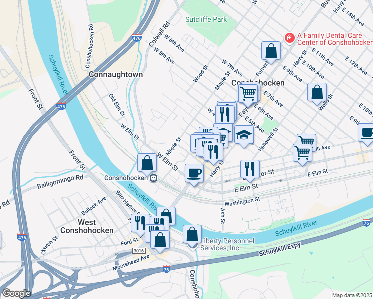 map of restaurants, bars, coffee shops, grocery stores, and more near 128 West 1st Avenue in Conshohocken