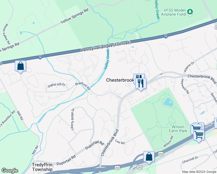 map of restaurants, bars, coffee shops, grocery stores, and more near 214 Carriage Court in Chesterbrook