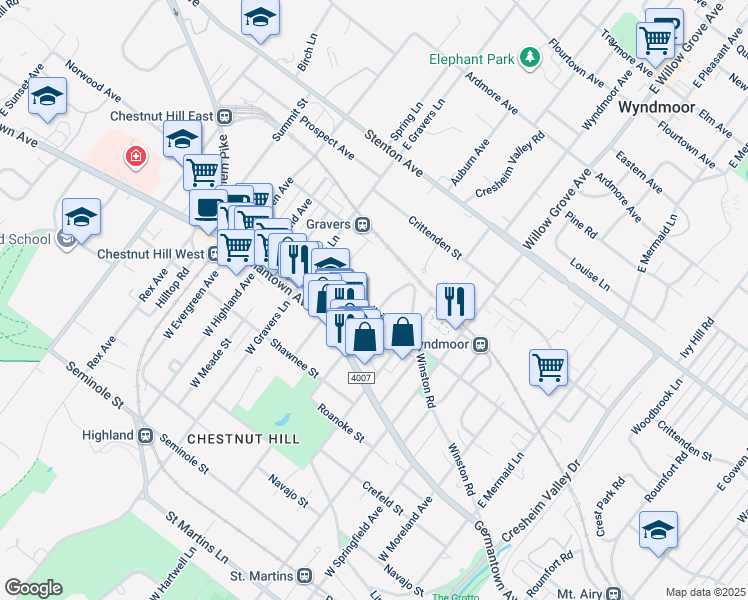 map of restaurants, bars, coffee shops, grocery stores, and more near 8209 Ardleigh Street in Philadelphia
