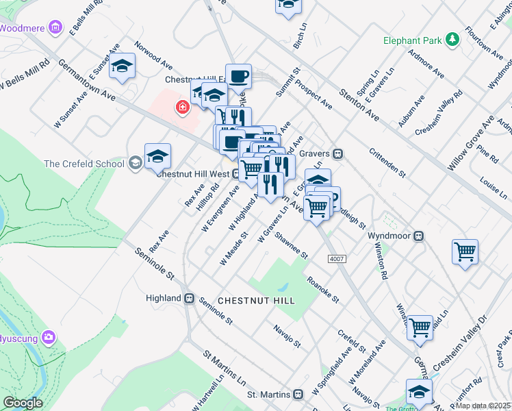 map of restaurants, bars, coffee shops, grocery stores, and more near 40 West Highland Avenue in Philadelphia