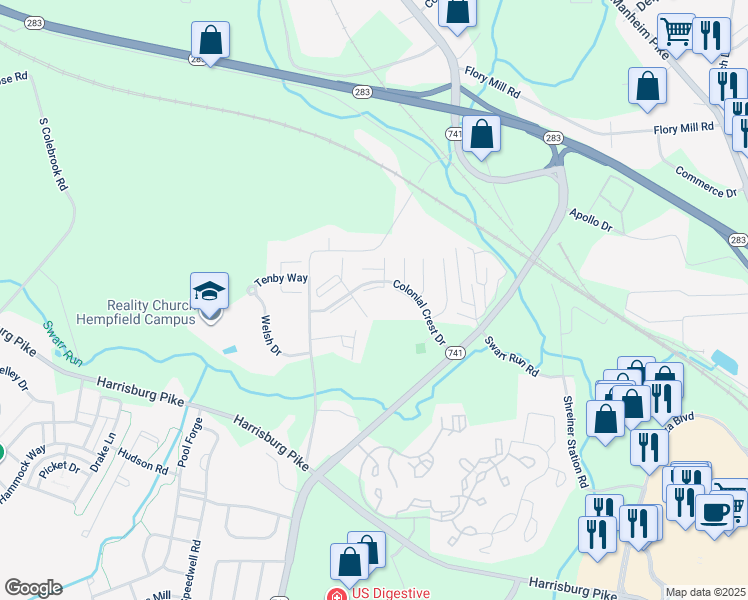 map of restaurants, bars, coffee shops, grocery stores, and more near 36 Colonial Crest Drive in Lancaster