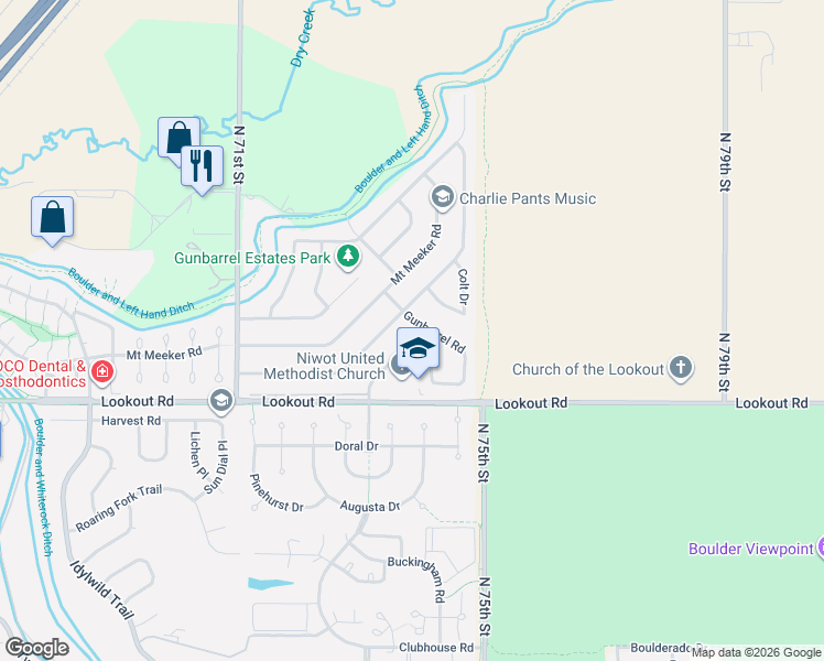 map of restaurants, bars, coffee shops, grocery stores, and more near 7382 Mount Sherman Road in Longmont