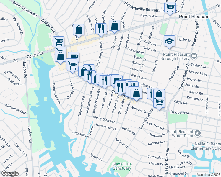 map of restaurants, bars, coffee shops, grocery stores, and more near 1216 Sunset Avenue in Point Pleasant