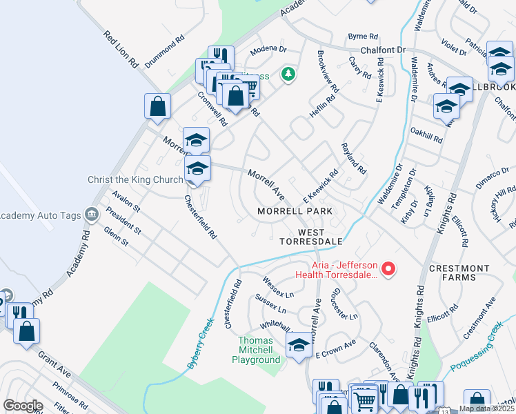 map of restaurants, bars, coffee shops, grocery stores, and more near 3346 Kayford Circle in Philadelphia
