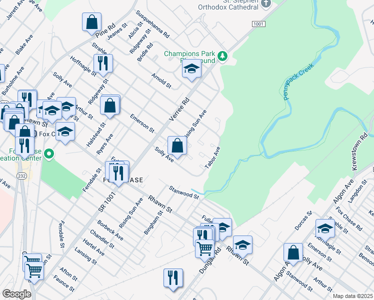 map of restaurants, bars, coffee shops, grocery stores, and more near 8241 Rising Sun Avenue in Philadelphia